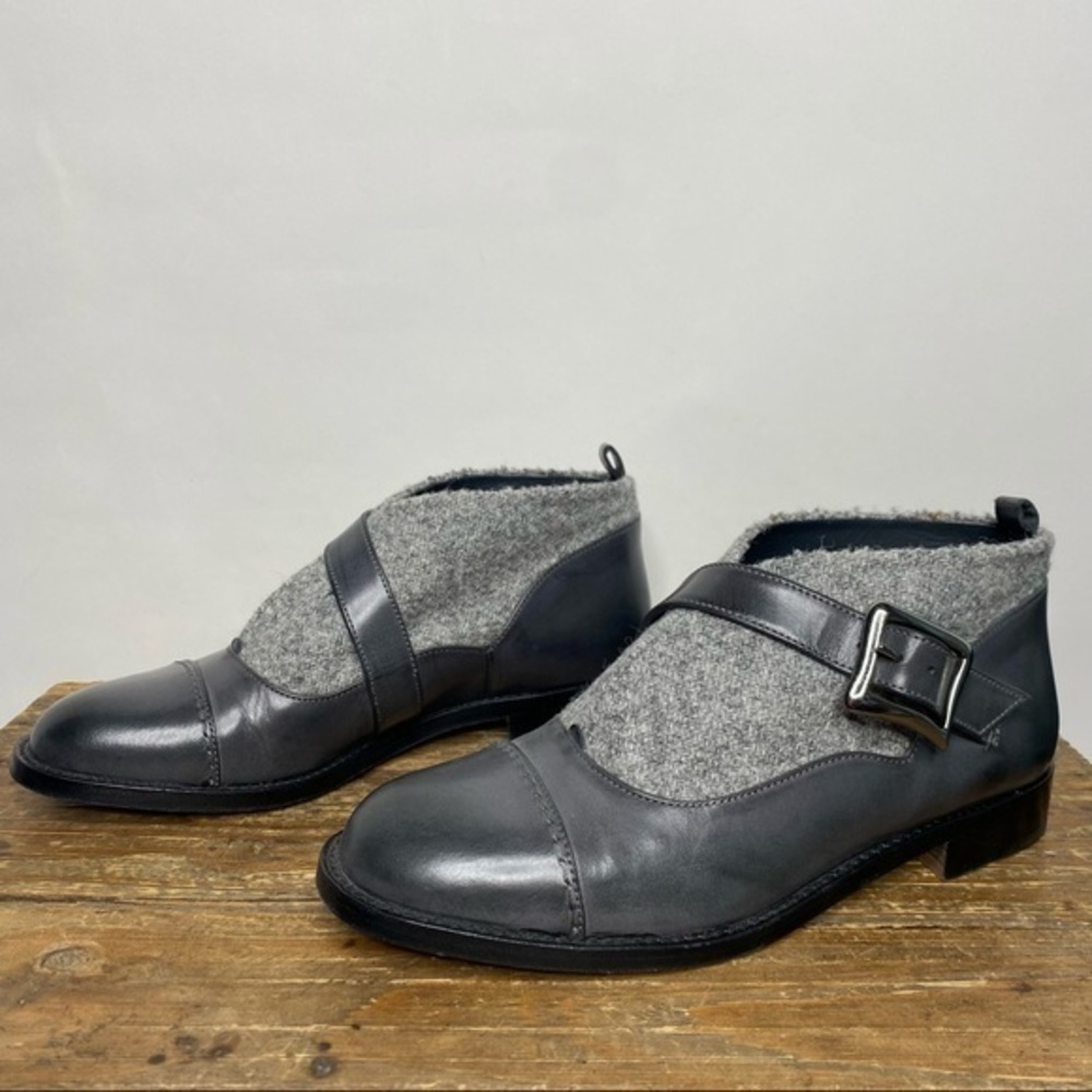 Manolo Blahnik Grey Wool and Leather Monk Strap Cap Toe Loafers